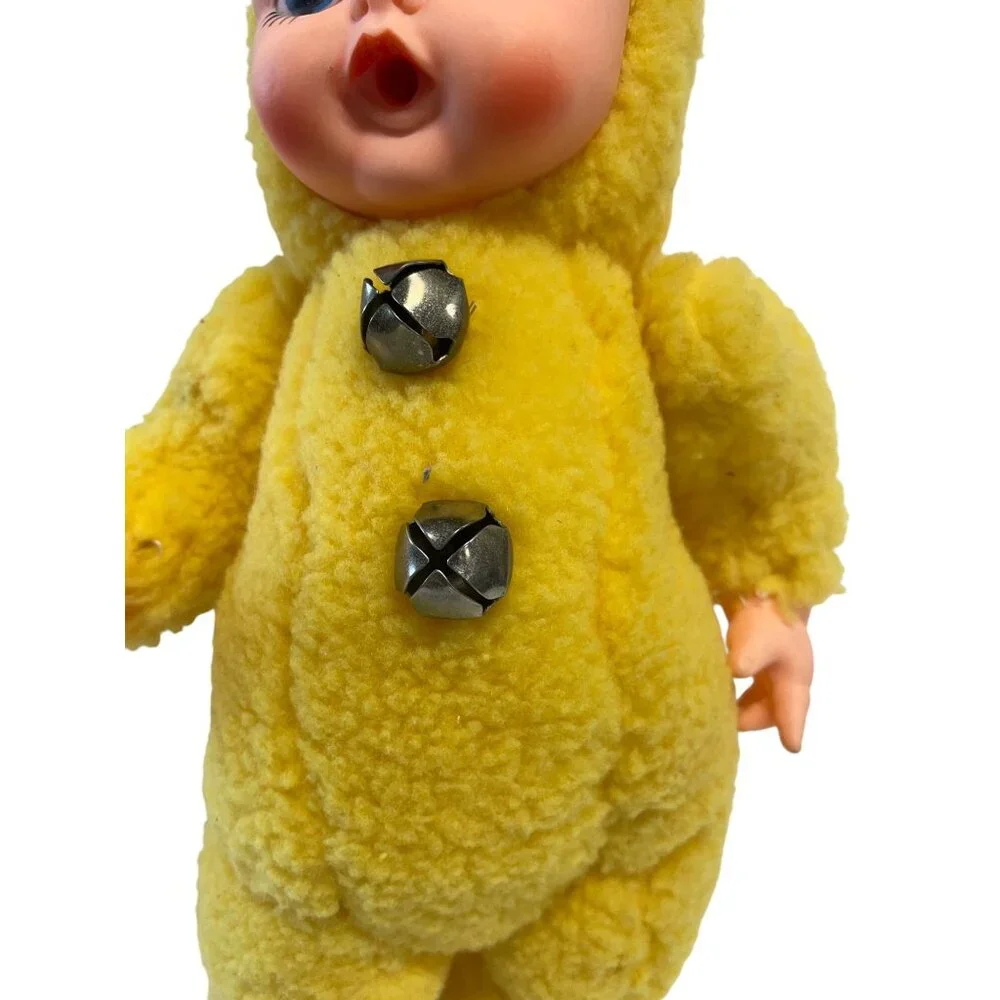 Vintage Yellow Rubber Face‎ Plush Baby Doll With Red Hair & Bell Accents